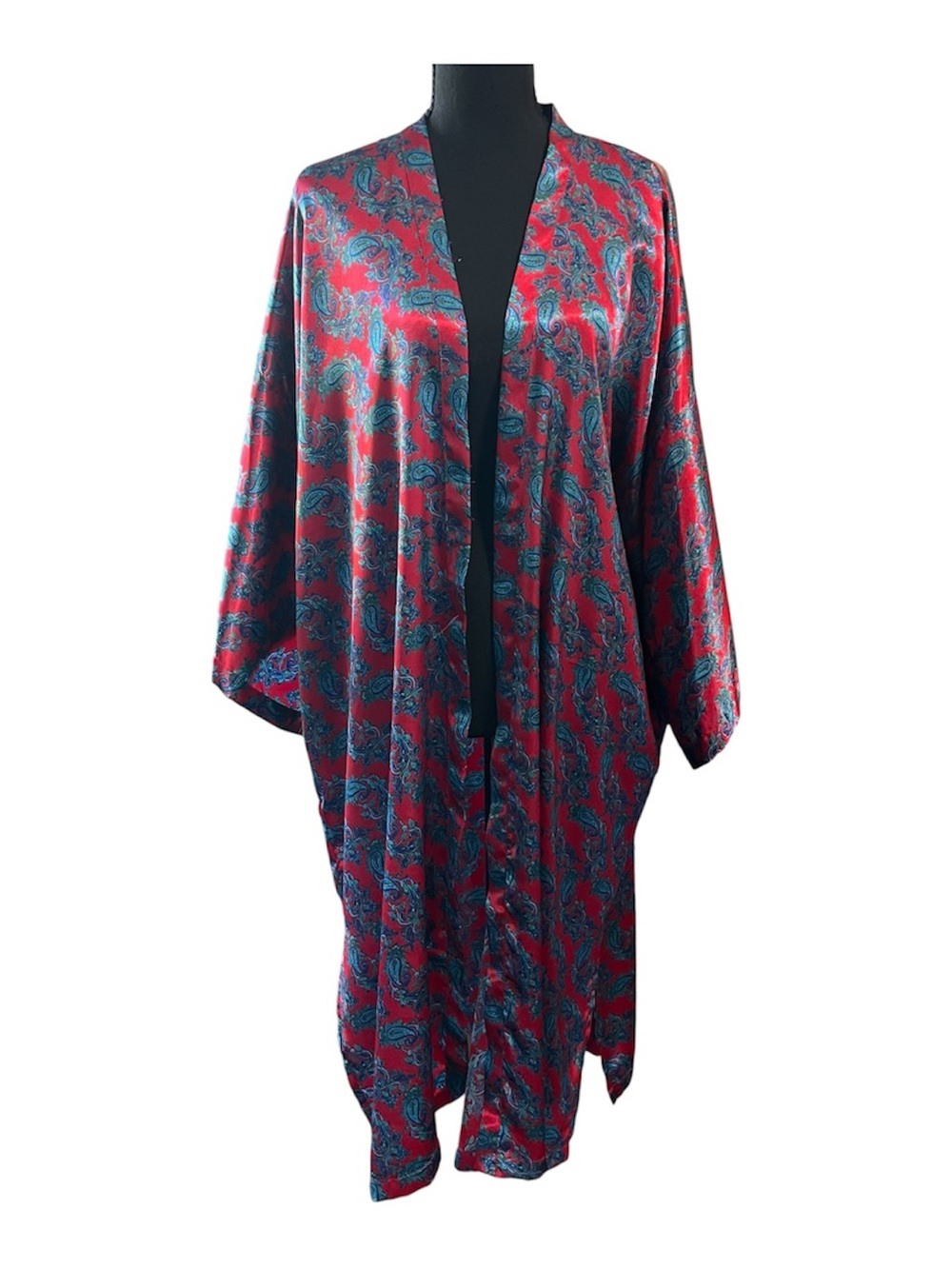 Victorias Secret Vintage Gold Label Red Teal Satin Floral Paisley Kimono Robe OS